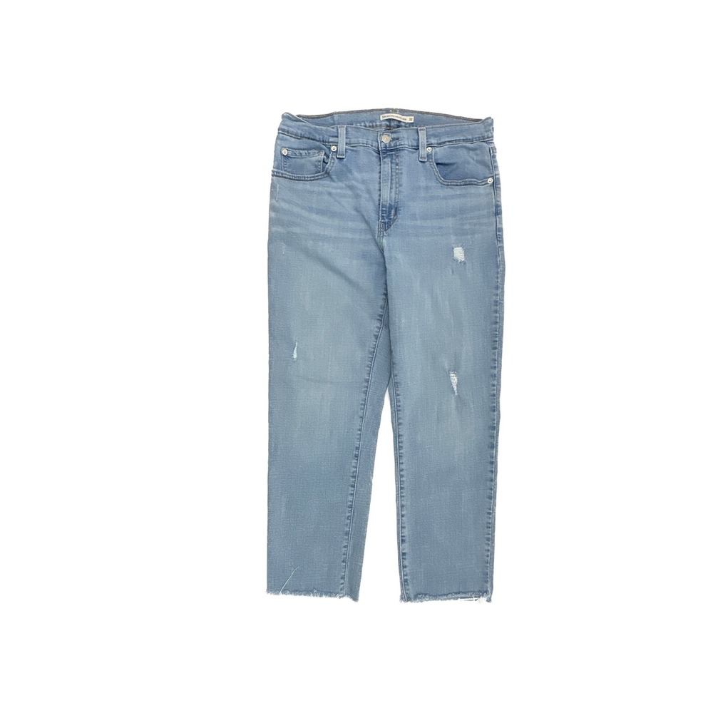 Levis 724 High Rise Straight Crop Jeans Blue Distressed Raw‎ Hem Size 32
